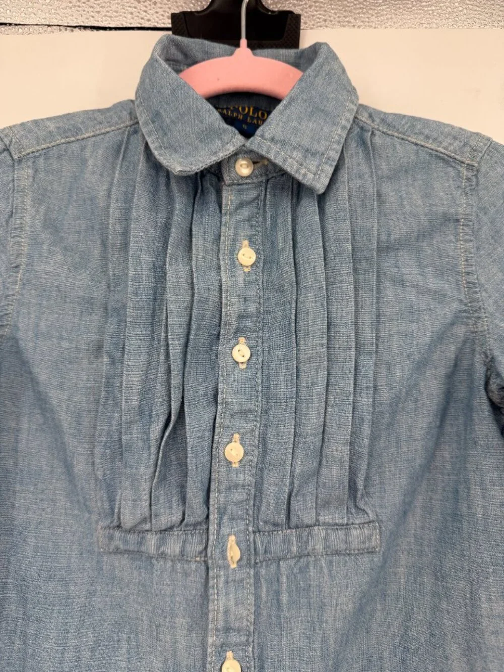 Polo Ralph Lauren Girls Size 5 Chambray Pleated Tuxedo Button Down Shirt